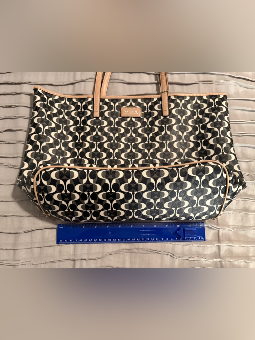 Coach Black and White Signature Tote with Tan Trim